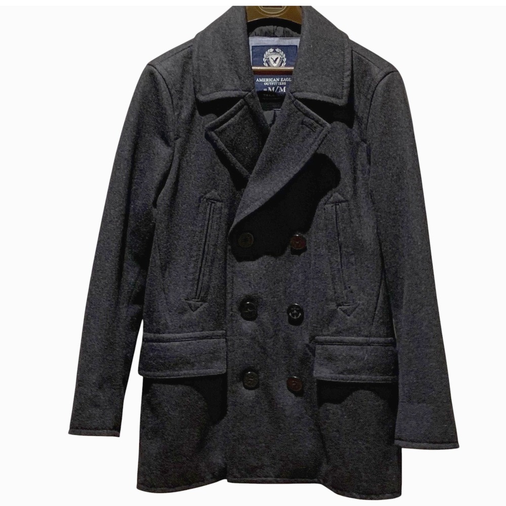 American Eagle Pea Coat Mens M Gray Wool Blend Anchor Buttons Nautical Fisherman